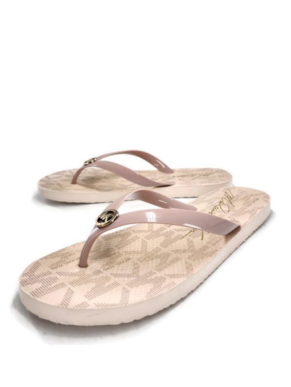 Michael Kors Ballet Pink Jet-Set MK Gold Logo Slide-On PVC Flip-Flop Sandals